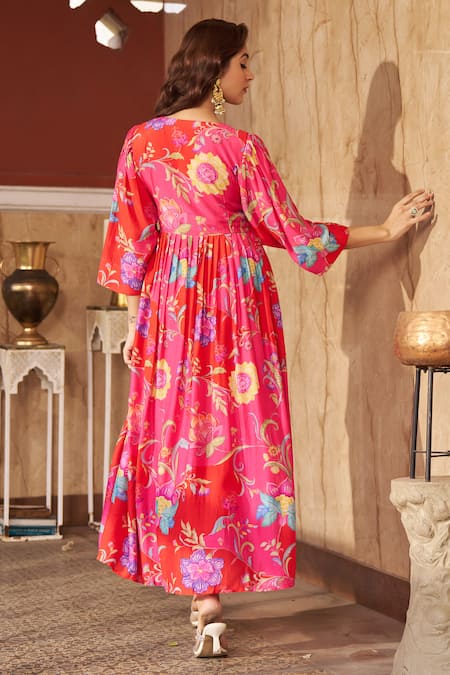 Negra Elegante Floral Print Gathered Midi Dress 