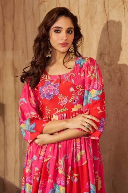 Shop Negra Elegante Pink Cotton, Silk Sequins, Embroidery Round Floral Print Gathered Midi Dress Online at Aza Fashions Shop_Negra Elegante_Pink Cotton, Silk Sequins, Embroidery Round Floral Print Gathered Midi Dress _Online_at_Aza_Fashions