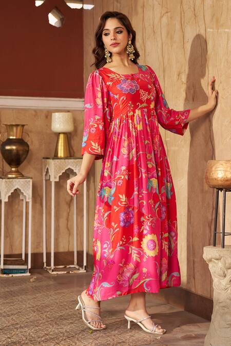 Negra Elegante Pink Cotton, Silk Sequins, Embroidery Round Floral Print Gathered Midi Dress at Aza Fashions Negra Elegante_Pink Cotton, Silk Sequins, Embroidery Round Floral Print Gathered Midi Dress _at_Aza_Fashions