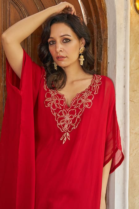 Negra Elegante_Red Georgette, Cotton, Modal Zari V-neck Zardozi Embroidered Kaftan And Pant Set _Online_at_Aza_Fashions
