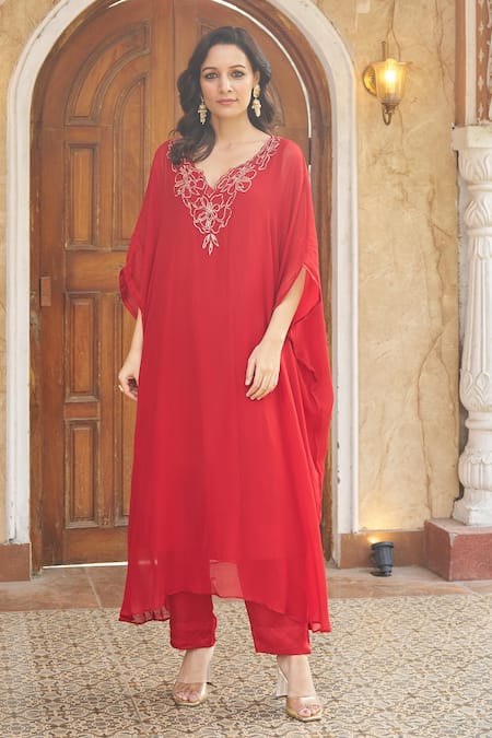 Buy_Negra Elegante_Red Georgette, Cotton, Modal Zari V-neck Zardozi Embroidered Kaftan And Pant Set _Online_at_Aza_Fashions
