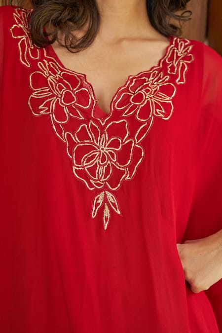 Negra Elegante_Red Georgette, Cotton, Modal Zari V-neck Zardozi Embroidered Kaftan And Pant Set _at_Aza_Fashions