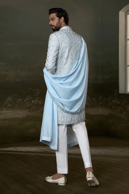 Shop Nitika Gujral Blue Silk, Cotton Beads, Crystals, Embroidery Sherwani Set at Aza Fashions Shop_Nitika Gujral_Blue Silk, Cotton Beads, Crystals, Embroidery Sherwani Set _at_Aza_Fashions