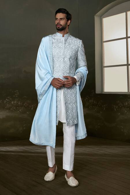 Buy Nitika Gujral Blue Silk, Cotton Beads, Crystals, Embroidery Sherwani Set Online at Aza Fashions Buy_Nitika Gujral_Blue Silk, Cotton Beads, Crystals, Embroidery Sherwani Set _Online_at_Aza_Fashions