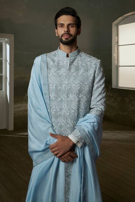 Shop Nitika Gujral Blue Silk, Cotton Beads, Crystals, Embroidery Sherwani Set Online at Aza Fashions Shop_Nitika Gujral_Blue Silk, Cotton Beads, Crystals, Embroidery Sherwani Set _Online_at_Aza_Fashions