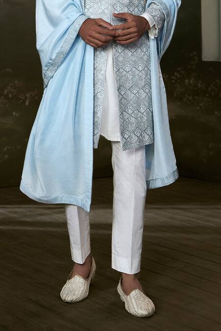Nitika Gujral Blue Silk, Cotton Beads, Crystals, Embroidery Sherwani Set With Stole Online at Aza Fashions Nitika Gujral_Blue Silk, Cotton Beads, Crystals, Embroidery Sherwani Set With Stole_Online_at_Aza_Fashions