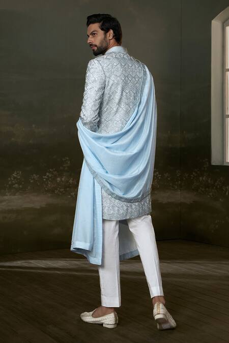 Shop Nitika Gujral Blue Silk, Cotton Beads, Crystals, Embroidery Sherwani Set With Stole at Aza Fashions Shop_Nitika Gujral_Blue Silk, Cotton Beads, Crystals, Embroidery Sherwani Set With Stole_at_Aza_Fashions