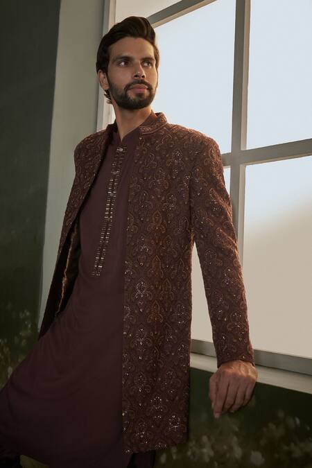 Buy_Nitika Gujral_Brown Silk, , Satin Embroidery, Tonal Resham Sherwani Jacket Set _Online_at_Aza_Fashions