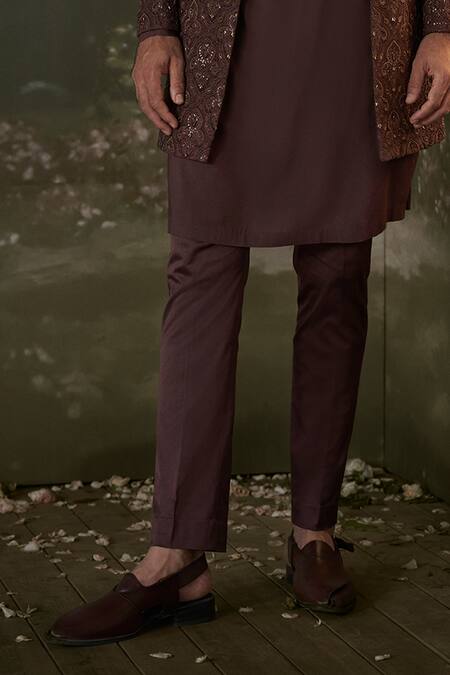 Shop_Nitika Gujral_Brown Silk, , Satin Embroidery, Tonal Resham Sherwani Jacket Set _Online_at_Aza_Fashions