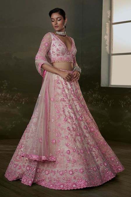 Nitika Gujral Pink Net, Satin Sequins, Beads, Crystals Blossom Embroidered Bridal Lehenga Set Online at Aza Fashions Nitika Gujral_Pink Net, Satin Sequins, Beads, Crystals Blossom Embroidered Bridal Lehenga Set _Online_at_Aza_Fashions
