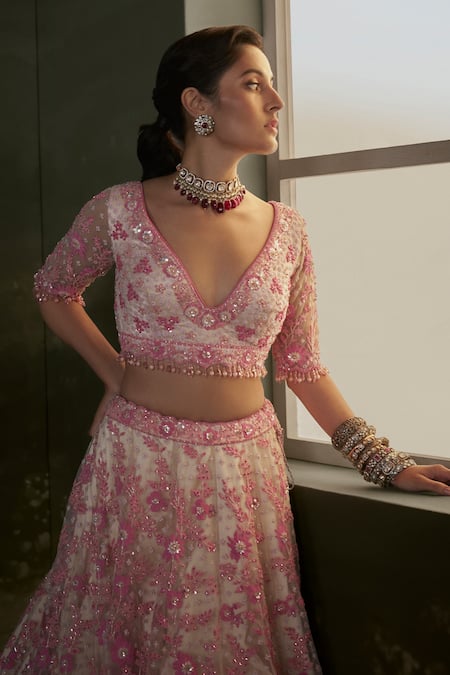 Buy Nitika Gujral Pink Net, Satin Sequins, Beads, Crystals Blossom Embroidered Bridal Lehenga Set Online at Aza Fashions Buy_Nitika Gujral_Pink Net, Satin Sequins, Beads, Crystals Blossom Embroidered Bridal Lehenga Set _Online_at_Aza_Fashions