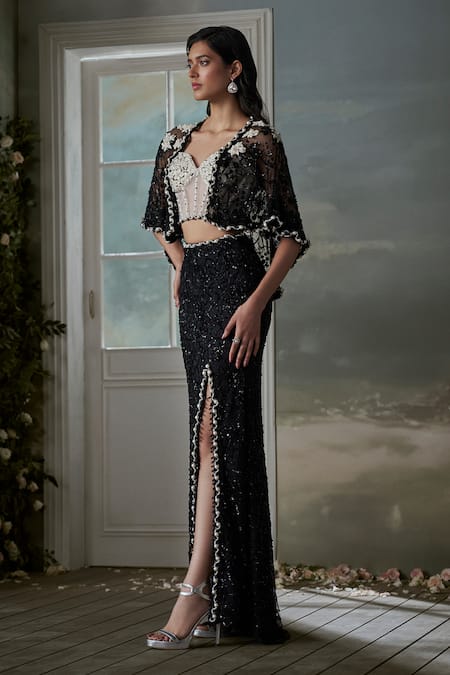 Nitika Gujral Black Satin, Net Pearls, Sequins, Cut Work Embroidered Corset Jacket And Skirt Set Online at Aza Fashions Nitika Gujral_Black Satin, Net Pearls, Sequins, Cut Work Embroidered Corset Jacket And Skirt Set _Online_at_Aza_Fashions