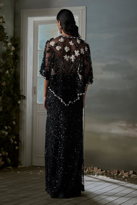 Shop Nitika Gujral Black Satin, Net Pearls, Sequins, Cut Work Embroidered Corset Jacket And Skirt Set at Aza Fashions Shop_Nitika Gujral_Black Satin, Net Pearls, Sequins, Cut Work Embroidered Corset Jacket And Skirt Set _at_Aza_Fashions