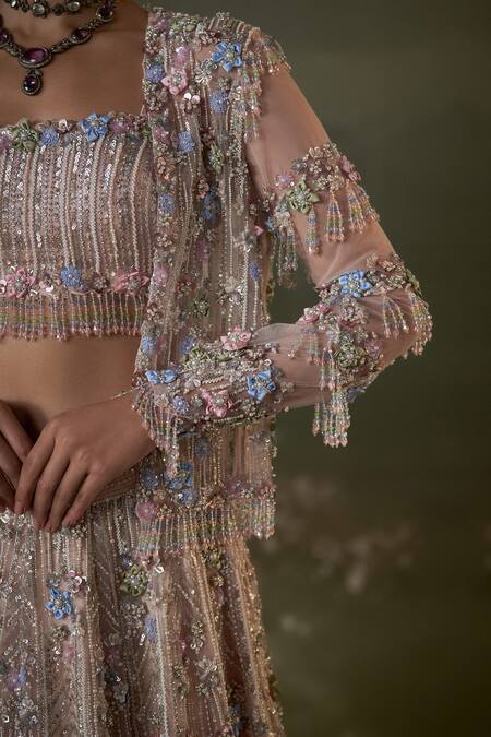 Buy_Nitika Gujral_Peach Net, Satin Pearls, Sequins, 3d Bloom Embellished Jacket And Lehenga Set _Online_at_Aza_Fashions