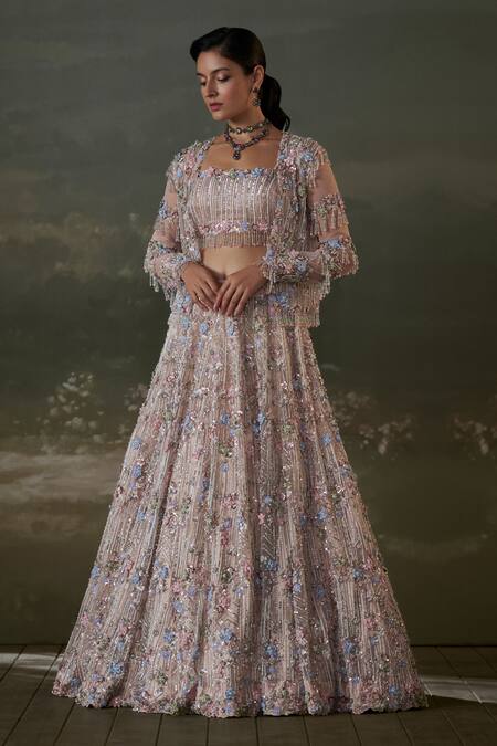 Shop_Nitika Gujral_Peach Net, Satin Pearls, Sequins, 3d Bloom Embellished Jacket And Lehenga Set _Online_at_Aza_Fashions