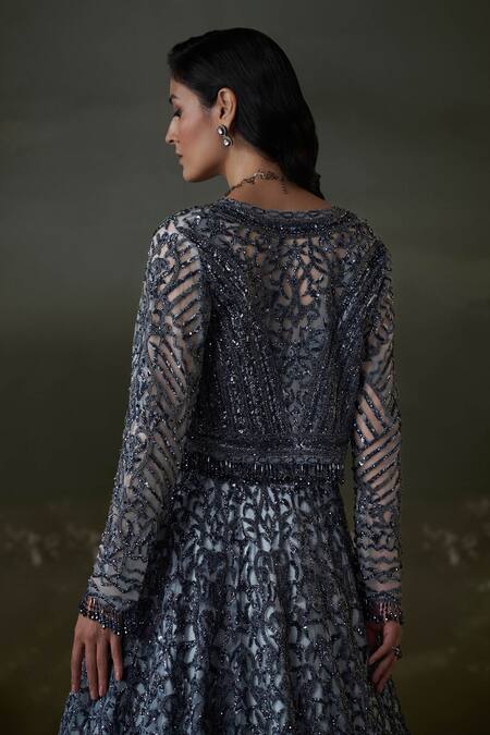 Nitika Gujral Gray Net, Satin Crystals, Sequins, Beads Embroidered Jacket And Lehenga Set Online at Aza Fashions Nitika Gujral_Gray Net, Satin Crystals, Sequins, Beads Embroidered Jacket And Lehenga Set _Online_at_Aza_Fashions