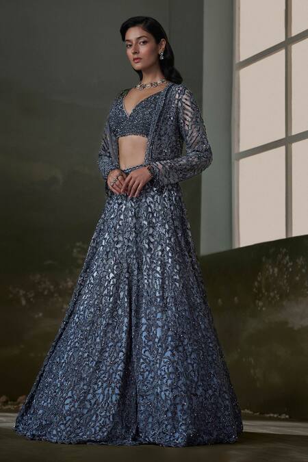Buy Nitika Gujral Gray Net, Satin Crystals, Sequins, Beads Embroidered Jacket And Lehenga Set Online at Aza Fashions Buy_Nitika Gujral_Gray Net, Satin Crystals, Sequins, Beads Embroidered Jacket And Lehenga Set _Online_at_Aza_Fashions