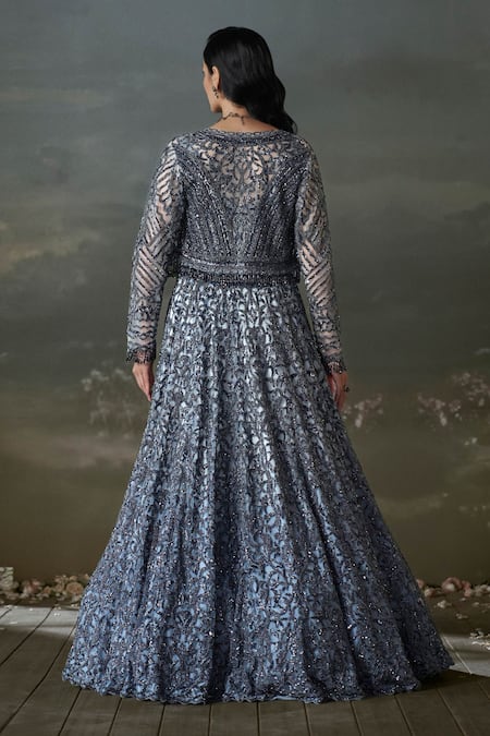 Shop Nitika Gujral Gray Net, Satin Crystals, Sequins, Beads Embroidered Jacket And Lehenga Set at Aza Fashions Shop_Nitika Gujral_Gray Net, Satin Crystals, Sequins, Beads Embroidered Jacket And Lehenga Set _at_Aza_Fashions