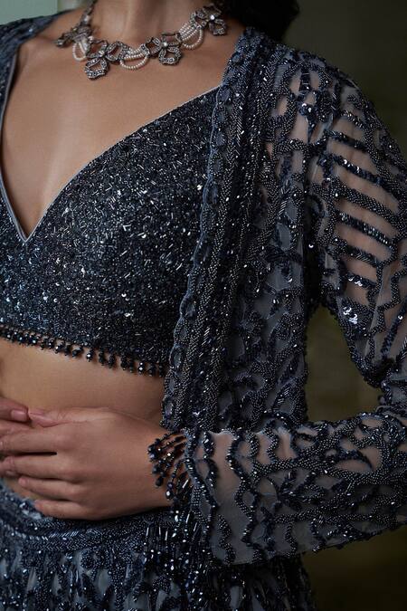 Shop Nitika Gujral Gray Net, Satin Crystals, Sequins, Beads Embroidered Jacket And Lehenga Set Online at Aza Fashions Shop_Nitika Gujral_Gray Net, Satin Crystals, Sequins, Beads Embroidered Jacket And Lehenga Set _Online_at_Aza_Fashions