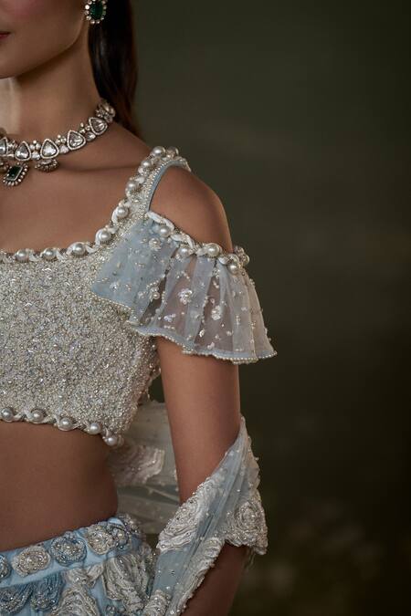 Buy_Nitika Gujral_Blue Net, Satin Sequins, Beads, Crystals, Embroidery, 3d Rosa Lehenga Set _Online_at_Aza_Fashions