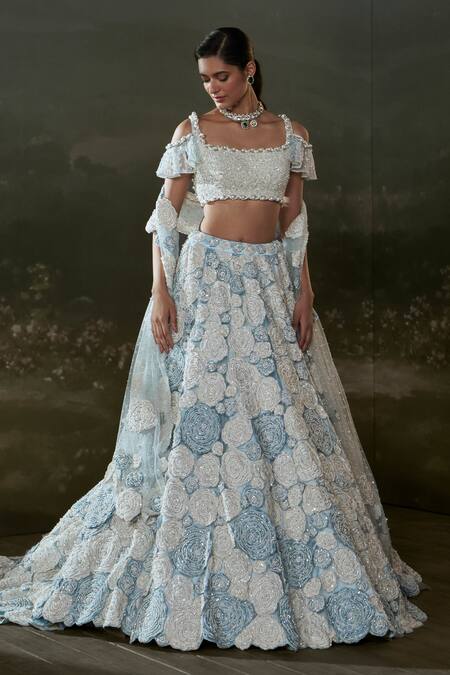 Shop_Nitika Gujral_Blue Net, Satin Sequins, Beads, Crystals, Embroidery, 3d Rosa Lehenga Set _Online_at_Aza_Fashions