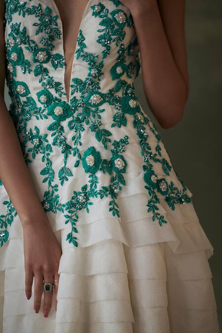 Nitika Gujral_Ivory Organza, Net, Satin Crystals, Beads, Embroidery Layered Asymmetric Dress _Online_at_Aza_Fashions