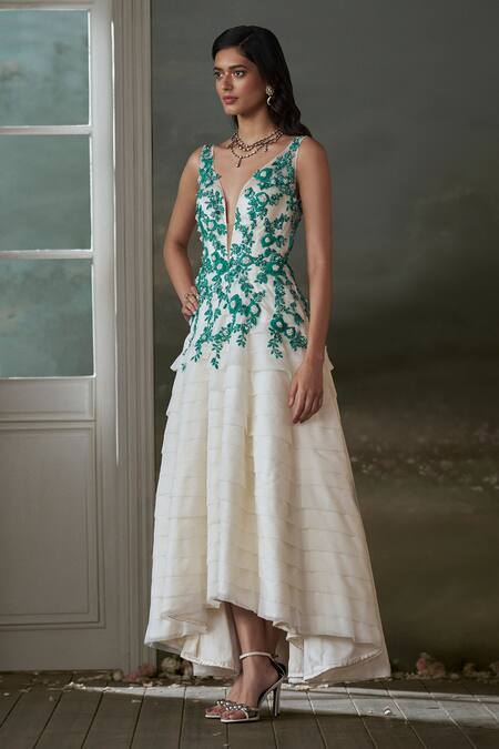 Buy_Nitika Gujral_Ivory Organza, Net, Satin Crystals, Beads, Embroidery Layered Asymmetric Dress _Online_at_Aza_Fashions
