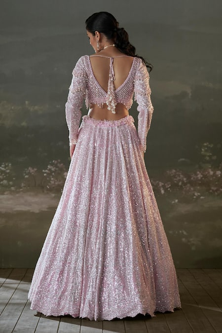 Shop Nitika Gujral Pink Net, Satin Sequins, Crystals, Beads And Embellished Bridal Lehenga at Aza Fashions Shop_Nitika Gujral_Pink Net, Satin Sequins, Crystals, Beads And Embellished Bridal Lehenga _at_Aza_Fashions