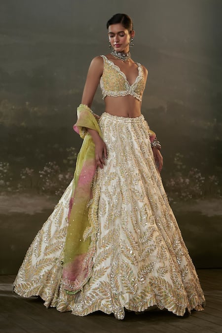 Shop Nitika Gujral Ivory Organza, Satin Sequins, Beads, Crystals, Pearls, Foliage Lehenga Set at Aza Fashions Shop_Nitika Gujral_Ivory Organza, Satin Sequins, Beads, Crystals, Pearls, Foliage Lehenga Set _at_Aza_Fashions