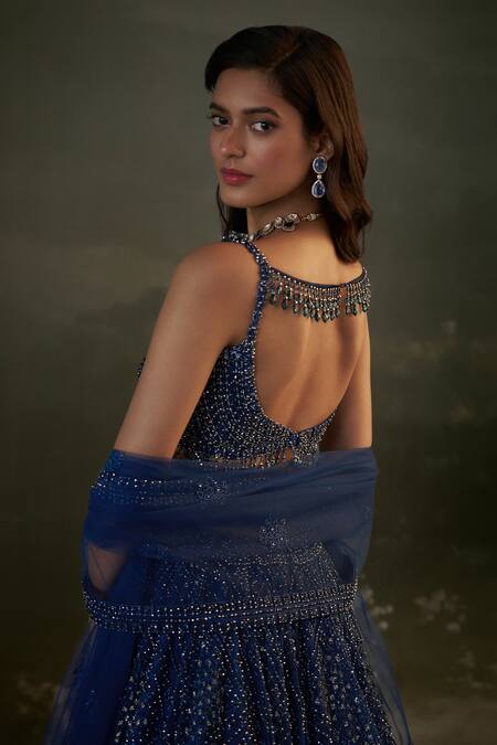 Nitika Gujral Blue Net, Satin Beads, Crystals, Sequins Midnight Stellar Ray Lehenga Set Online at Aza Fashions Nitika Gujral_Blue Net, Satin Beads, Crystals, Sequins Midnight Stellar Ray Lehenga Set _Online_at_Aza_Fashions