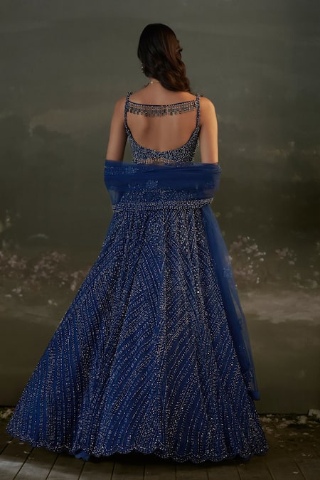 Shop Nitika Gujral Blue Net, Satin Beads, Crystals, Sequins Midnight Stellar Ray Lehenga Set at Aza Fashions Shop_Nitika Gujral_Blue Net, Satin Beads, Crystals, Sequins Midnight Stellar Ray Lehenga Set _at_Aza_Fashions