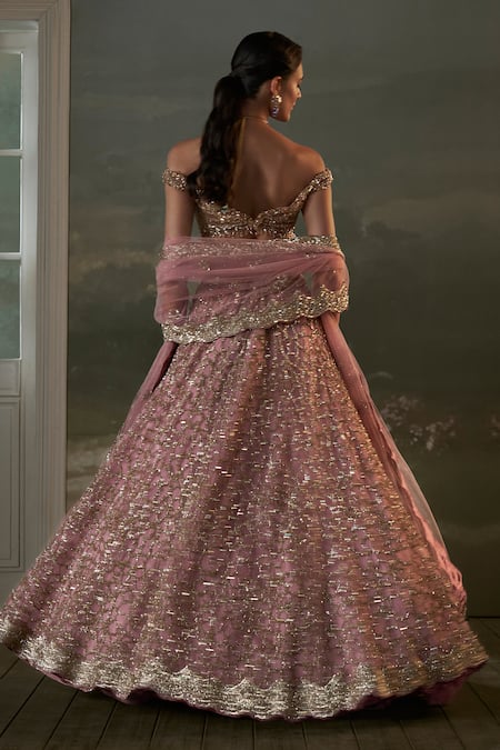 Shop Nitika Gujral Gold Net, Satin Crystals, Sequins, Beads Embroidered Off Lehenga Set at Aza Fashions Shop_Nitika Gujral_Gold Net, Satin Crystals, Sequins, Beads Embroidered Off Lehenga Set _at_Aza_Fashions