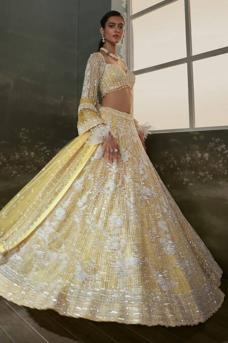 Nitika Gujral_Yellow Net, Satin Sequins, Pearls, Beads, Bahar Embroidered Lehenga Set _Online_at_Aza_Fashions