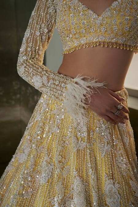 Buy_Nitika Gujral_Yellow Net, Satin Sequins, Pearls, Beads, Bahar Embroidered Lehenga Set _Online_at_Aza_Fashions