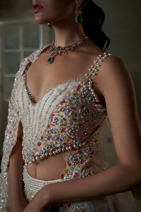 Nitika Gujral_Ivory Organza, Satin Sequins, Beads, Crystals Florence Embroidered Lehenga Set _Online_at_Aza_Fashions