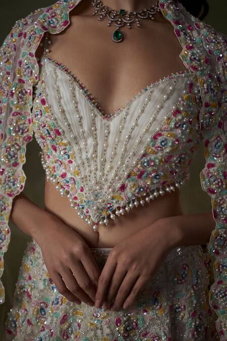 Buy_Nitika Gujral_Ivory Organza, Satin Sequins, Beads, Crystals Florence Embroidered Lehenga Set _Online_at_Aza_Fashions