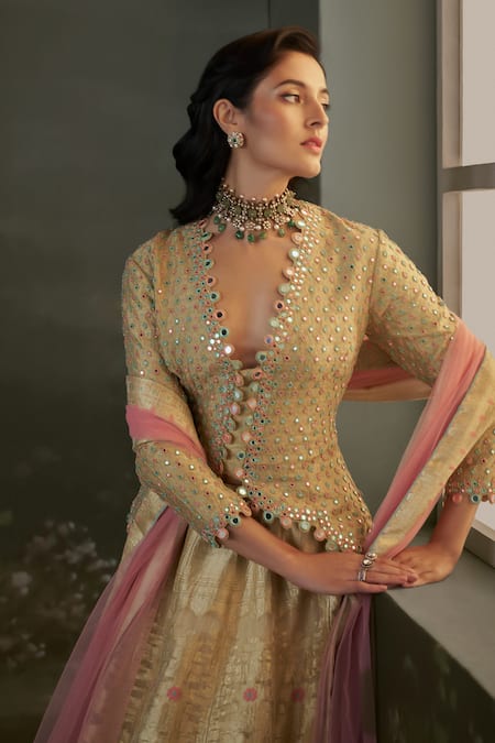 Buy_Nitika Gujral_Gold Net, Satin, Silk Mirrors, Embroidery V-neck Jacket Blouse And Lehenga _Online_at_Aza_Fashions
