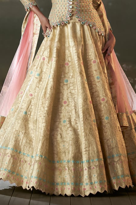 Shop_Nitika Gujral_Gold Net, Satin, Silk Mirrors, Embroidery V-neck Jacket Blouse And Lehenga _Online_at_Aza_Fashions