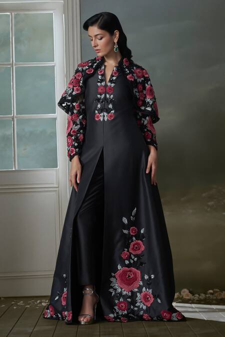 Nitika Gujral_Black Taffeta, Net Sequins, Crystals, Embroidery Split Flora Jacket And Pant Set _Online_at_Aza_Fashions