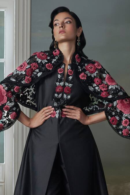 Buy_Nitika Gujral_Black Taffeta, Net Sequins, Crystals, Embroidery Split Flora Jacket And Pant Set _Online_at_Aza_Fashions