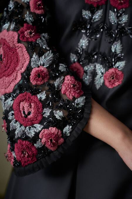 Nitika Gujral_Black Taffeta, Net Sequins, Crystals, Embroidery Split Flora Jacket And Pant Set _at_Aza_Fashions