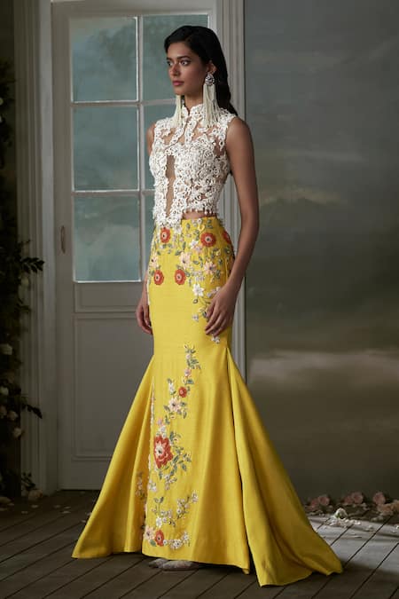 Nitika Gujral Yellow Net, Taffeta Crystals, Floral Embroidered Corset Top And Lehenga Set Online at Aza Fashions Nitika Gujral_Yellow Net, Taffeta Crystals, Floral Embroidered Corset Top And Lehenga Set _Online_at_Aza_Fashions