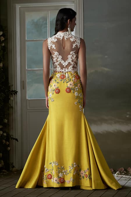 Shop Nitika Gujral Yellow Net, Taffeta Crystals, Floral Embroidered Corset Top And Lehenga Set at Aza Fashions Shop_Nitika Gujral_Yellow Net, Taffeta Crystals, Floral Embroidered Corset Top And Lehenga Set _at_Aza_Fashions