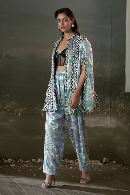 Nitika Gujral Black Net, Satin Pearls, Sequins, Beads Checkered Print Jacket And Trouser Set Online at Aza Fashions Nitika Gujral_Black Net, Satin Pearls, Sequins, Beads Checkered Print Jacket And Trouser Set _Online_at_Aza_Fashions