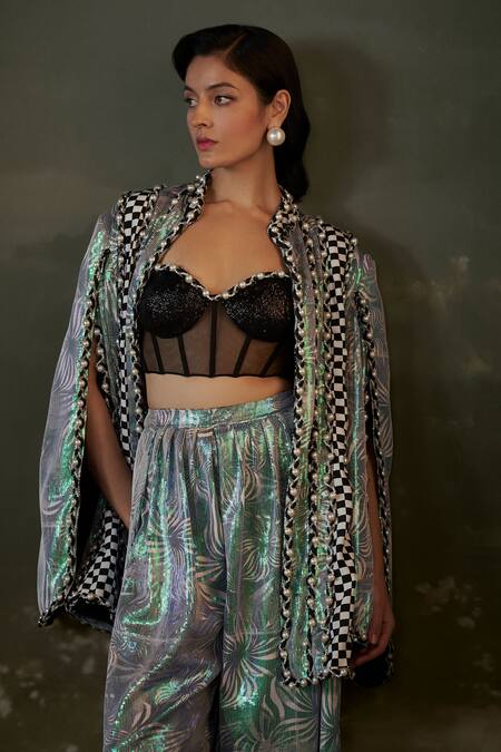 Shop Nitika Gujral Black Net, Satin Pearls, Sequins, Beads Checkered Print Jacket And Trouser Set Online at Aza Fashions Shop_Nitika Gujral_Black Net, Satin Pearls, Sequins, Beads Checkered Print Jacket And Trouser Set _Online_at_Aza_Fashions