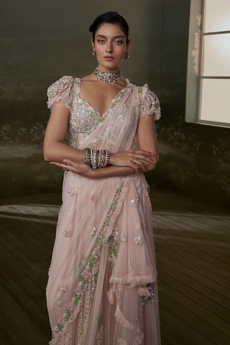 Nitika Gujral_Pink Silk, Net, Satin Beads, Crystals, Ditsy Bloom Pre-draped Saree Set _Online_at_Aza_Fashions