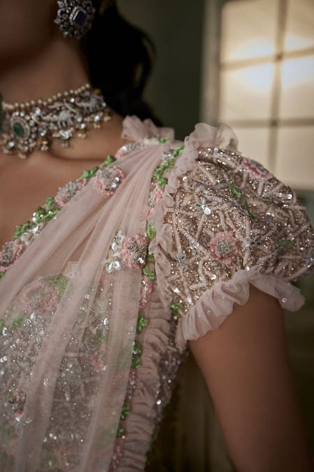 Buy_Nitika Gujral_Pink Silk, Net, Satin Beads, Crystals, Ditsy Bloom Pre-draped Saree Set _Online_at_Aza_Fashions