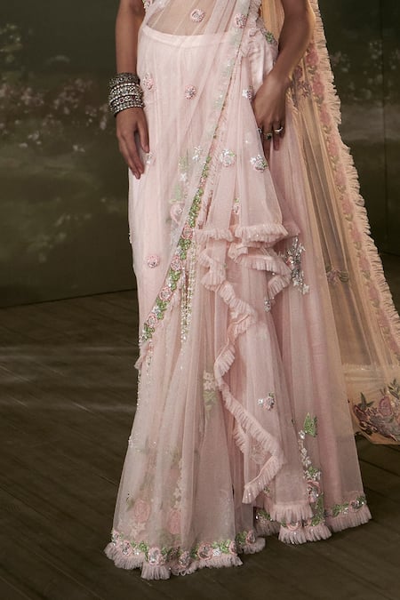 Shop_Nitika Gujral_Pink Silk, Net, Satin Beads, Crystals, Ditsy Bloom Pre-draped Saree Set _Online_at_Aza_Fashions