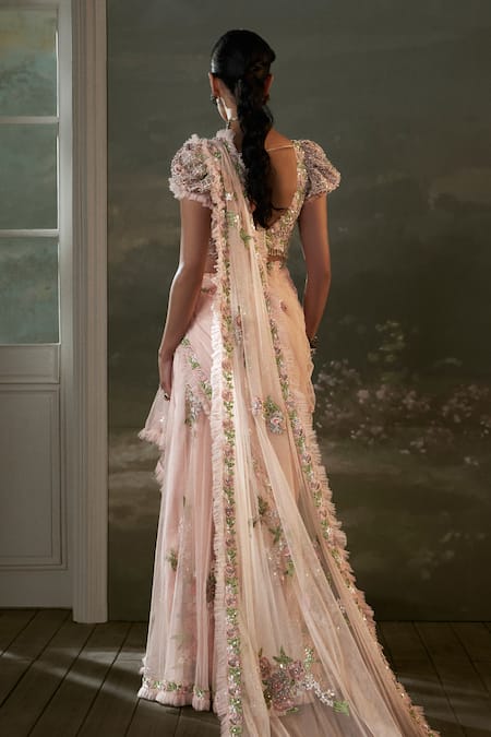 Nitika Gujral Ditsy Bloom Embroidered Pre-Draped Saree Set 