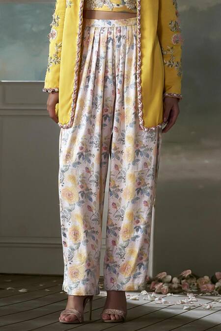 Nitika Gujral Yellow Satin Sequins, Beads, Bloom Embroidered Jacket And Corset Trouser Set Online at Aza Fashions Nitika Gujral_Yellow Satin Sequins, Beads, Bloom Embroidered Jacket And Corset Trouser Set _Online_at_Aza_Fashions